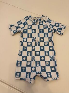 Kids Short-Sleeve Rashguard One-Piece - Blue Check Tropical Print